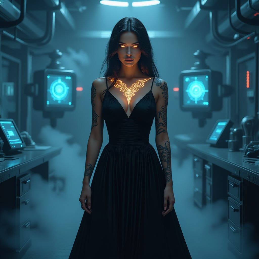 Ethereal Woman in Biomechanical Art Nouveau Laboratory