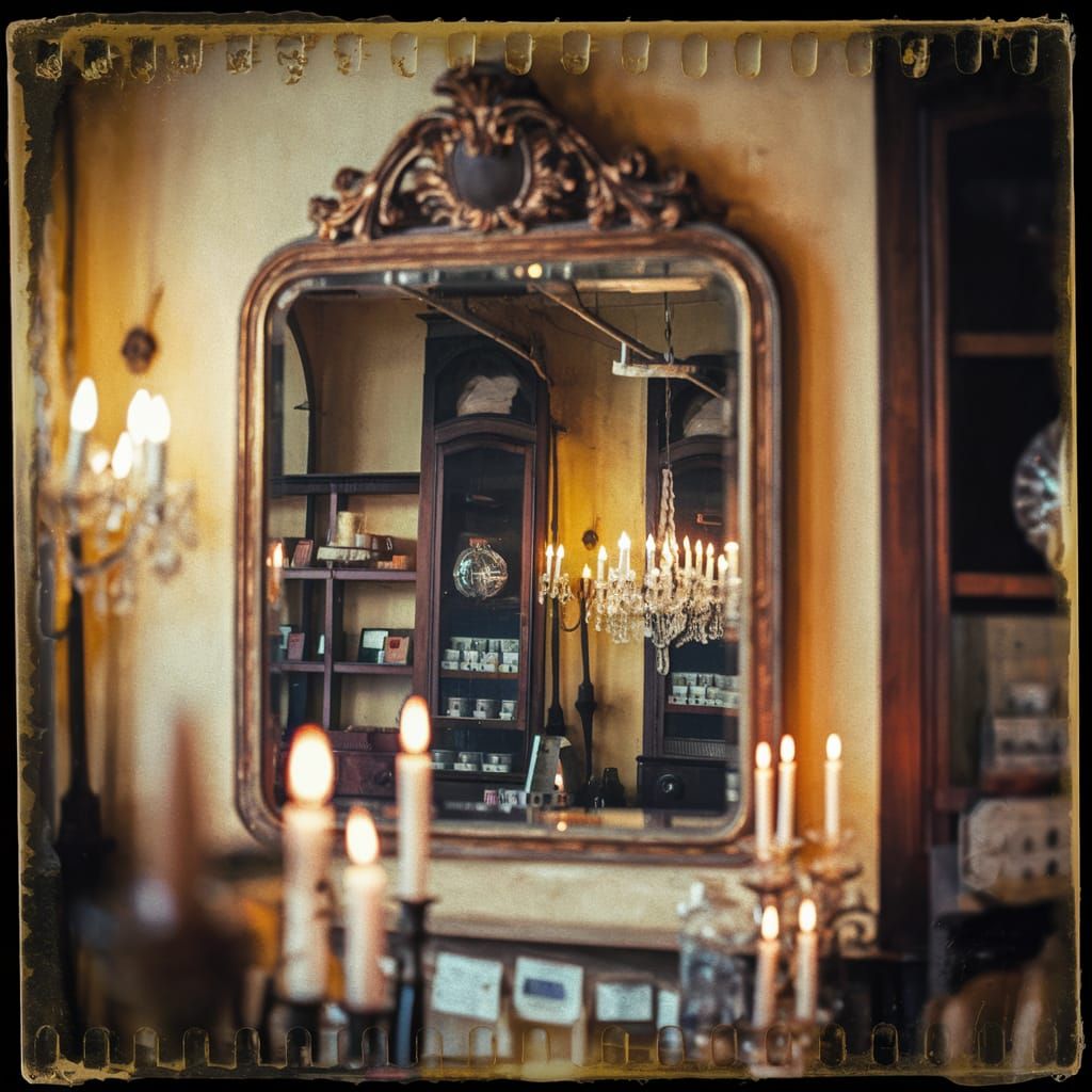 Ornate Mirror Reflecting Antique Store Interior