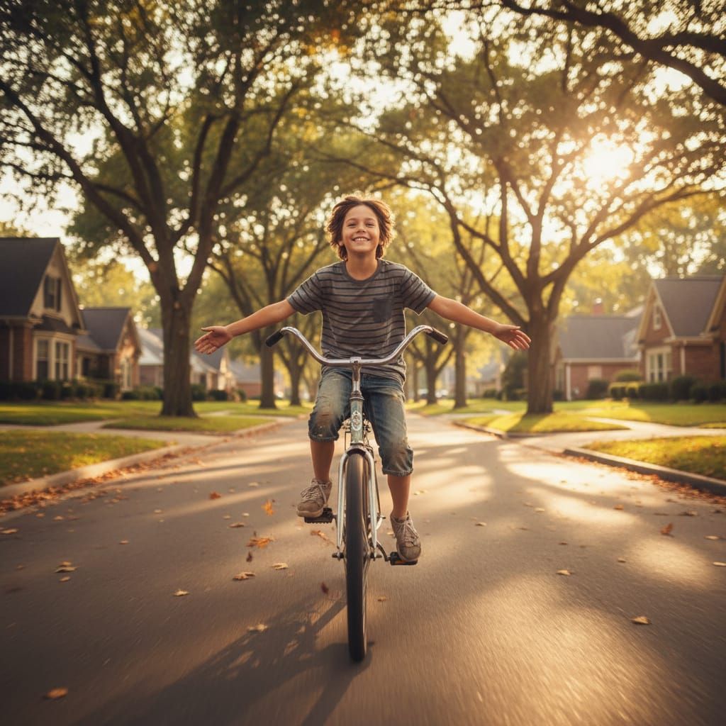 Boy Rides Bike Freely on Sunny Suburban Street