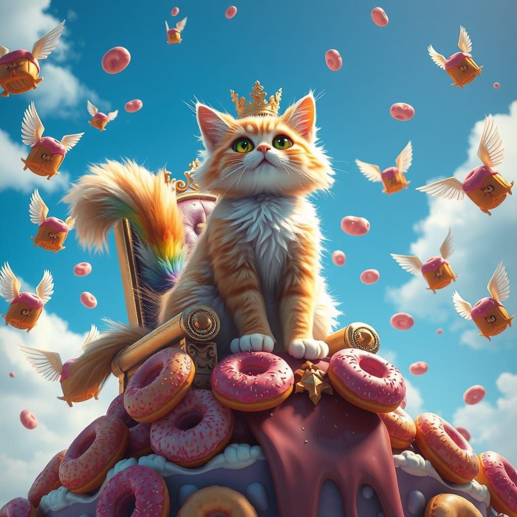 Whimsical Cartoon Cat Reigns Over Donut Throne in Vibrant Su...