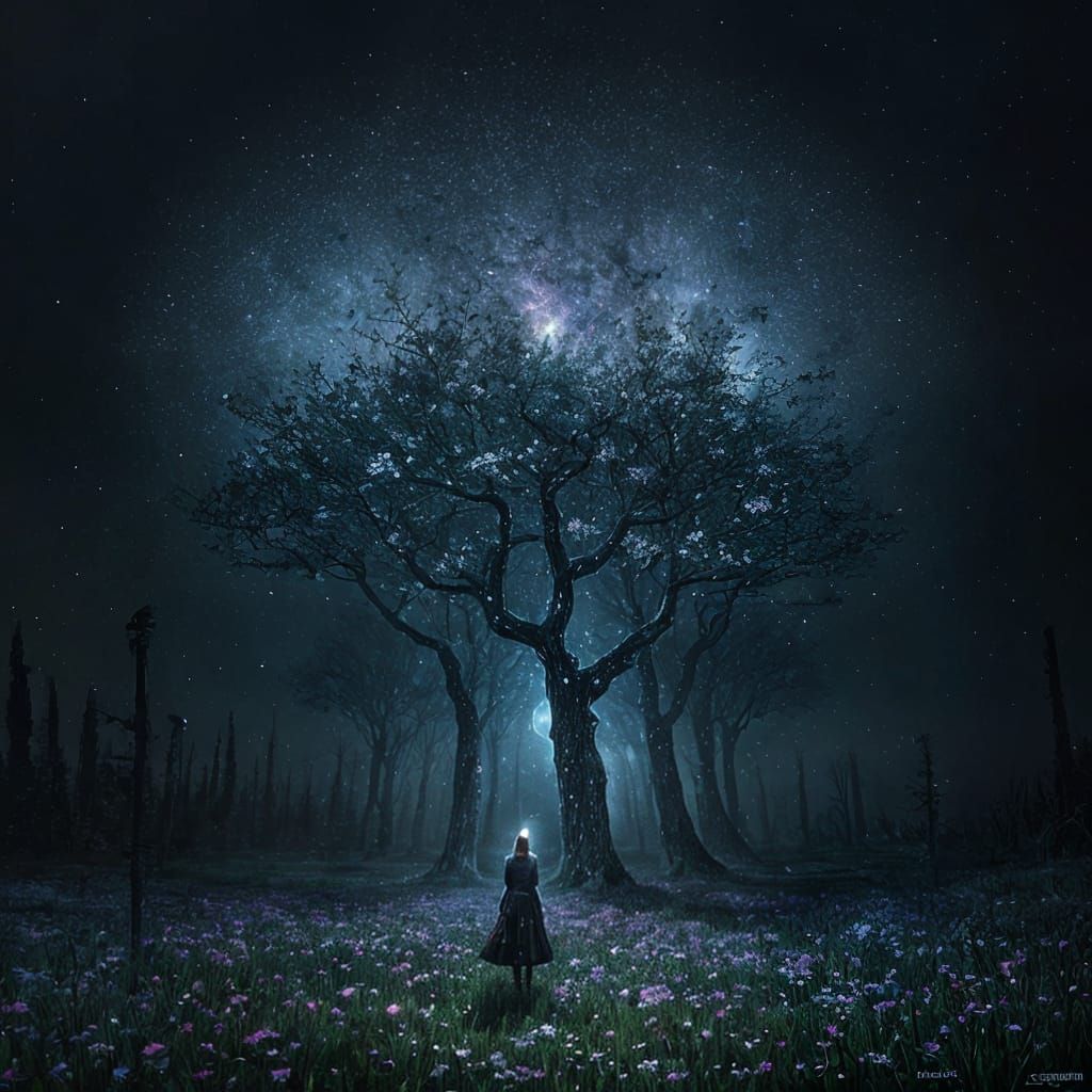 Mystical Pixel Art Blooms in Dark, Dreamlike Forest