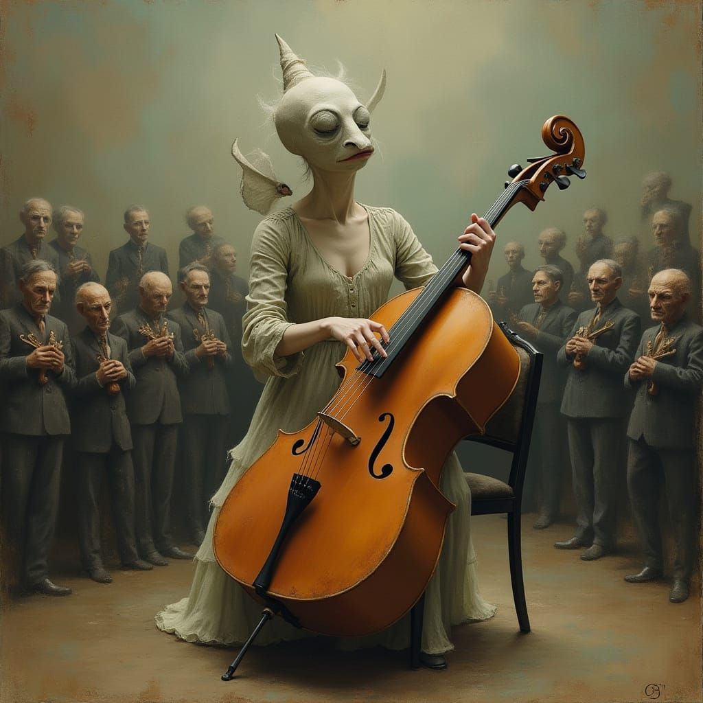 Surreal Cellist Painting with Strange Audience