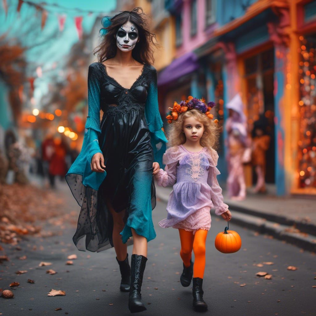 Halloween Walk: Trans Woman and Daughter in Abstract Art