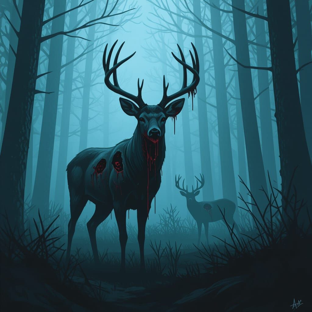 Decaying Zombie Deer in Dark Forest