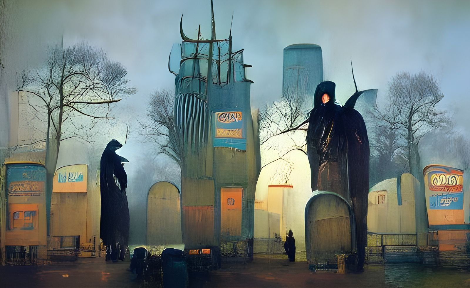 Gothic cemetery art deco; Simon Stålenhag ; a shadowy grim r...