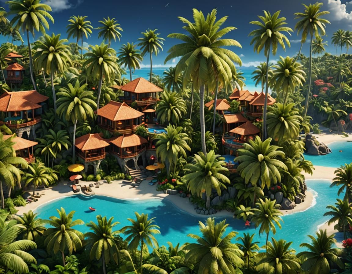 Tropical Palm Holiday Resort: Vibrant Matte Painting