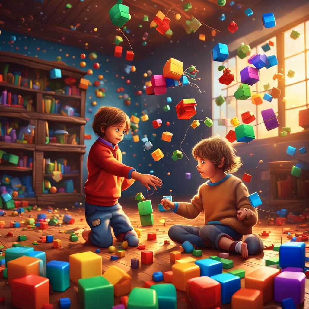 Children Playing with Cubes: Cartoon Concept Art