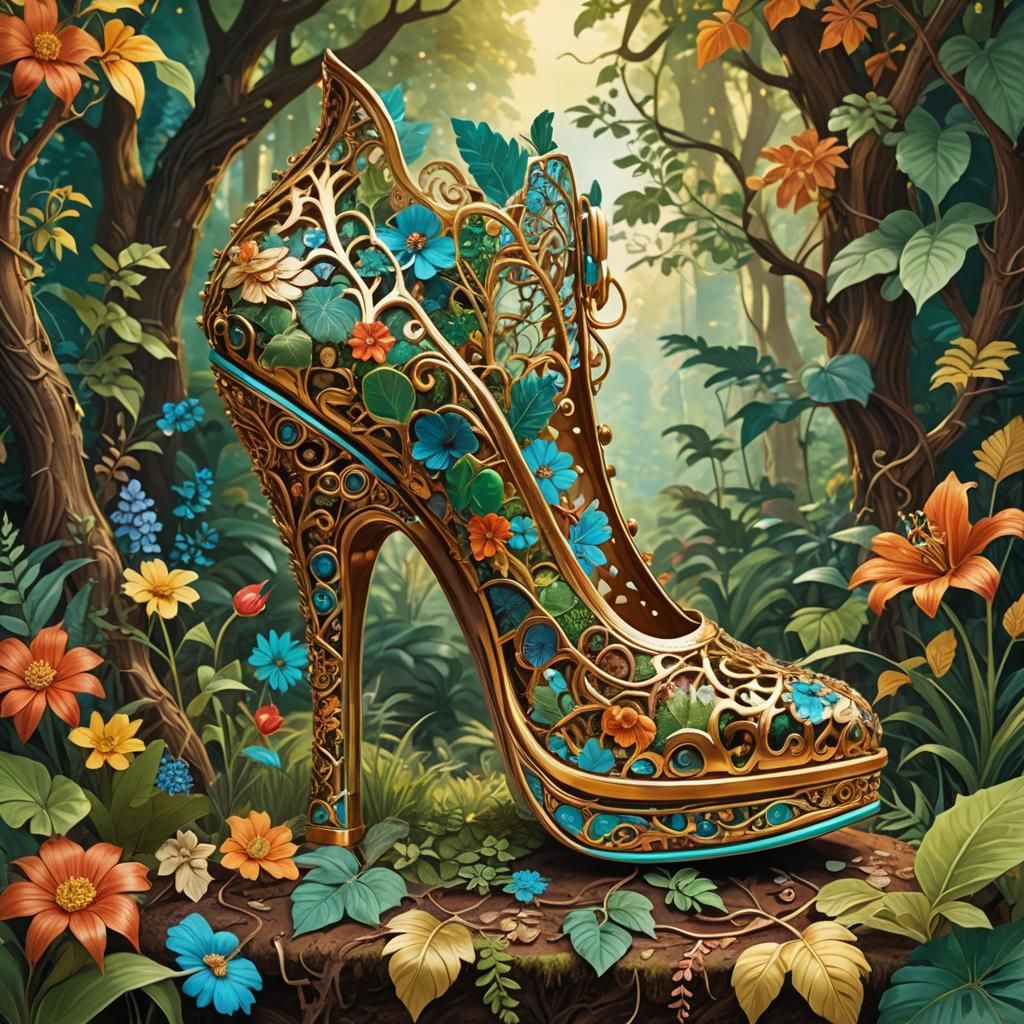 Ornate Golden Shoe with Miniature Ecosystem