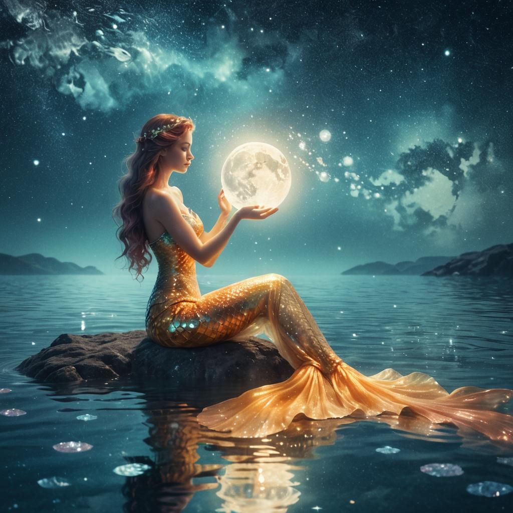 Mermaid's Moonlit Embrace: Surreal Underwater Dream