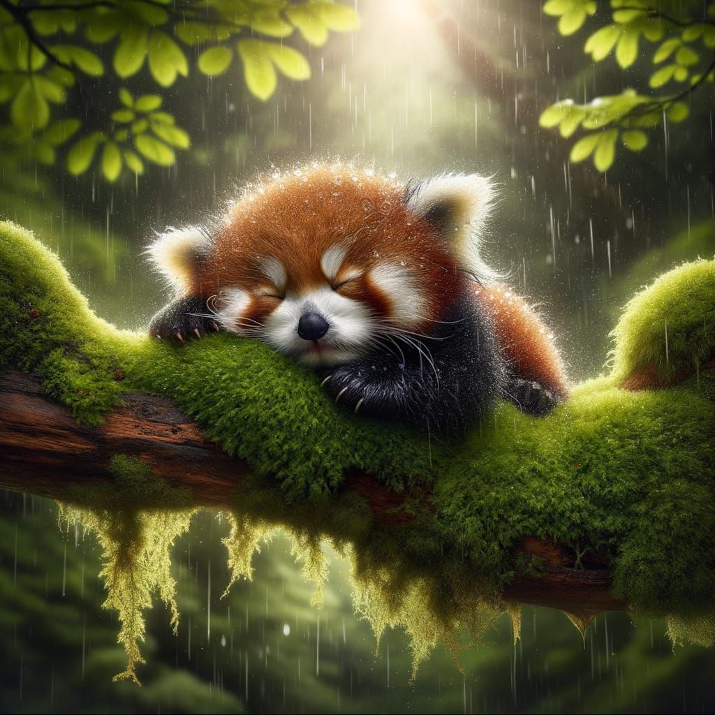 Adorable Baby Red Panda Asleep in Gentle Rain