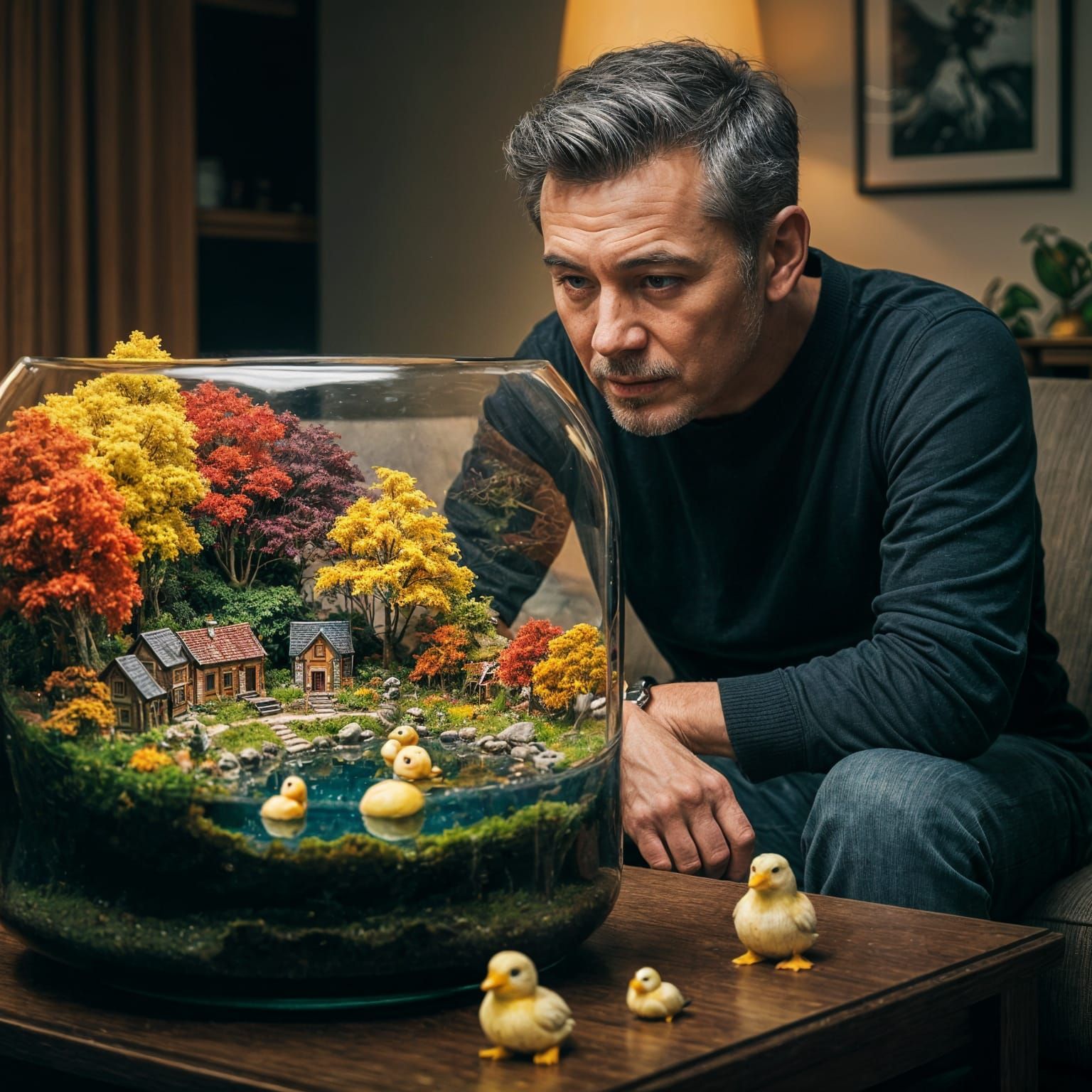 Man Gazes at Autumn Terrarium Village in HDR