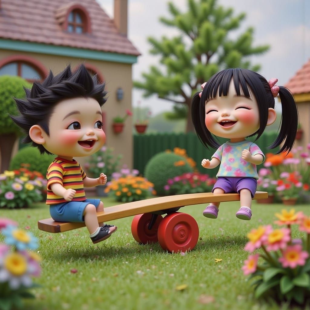 Japanese Chibi Dolls on See-Saw in Photorealistic Style