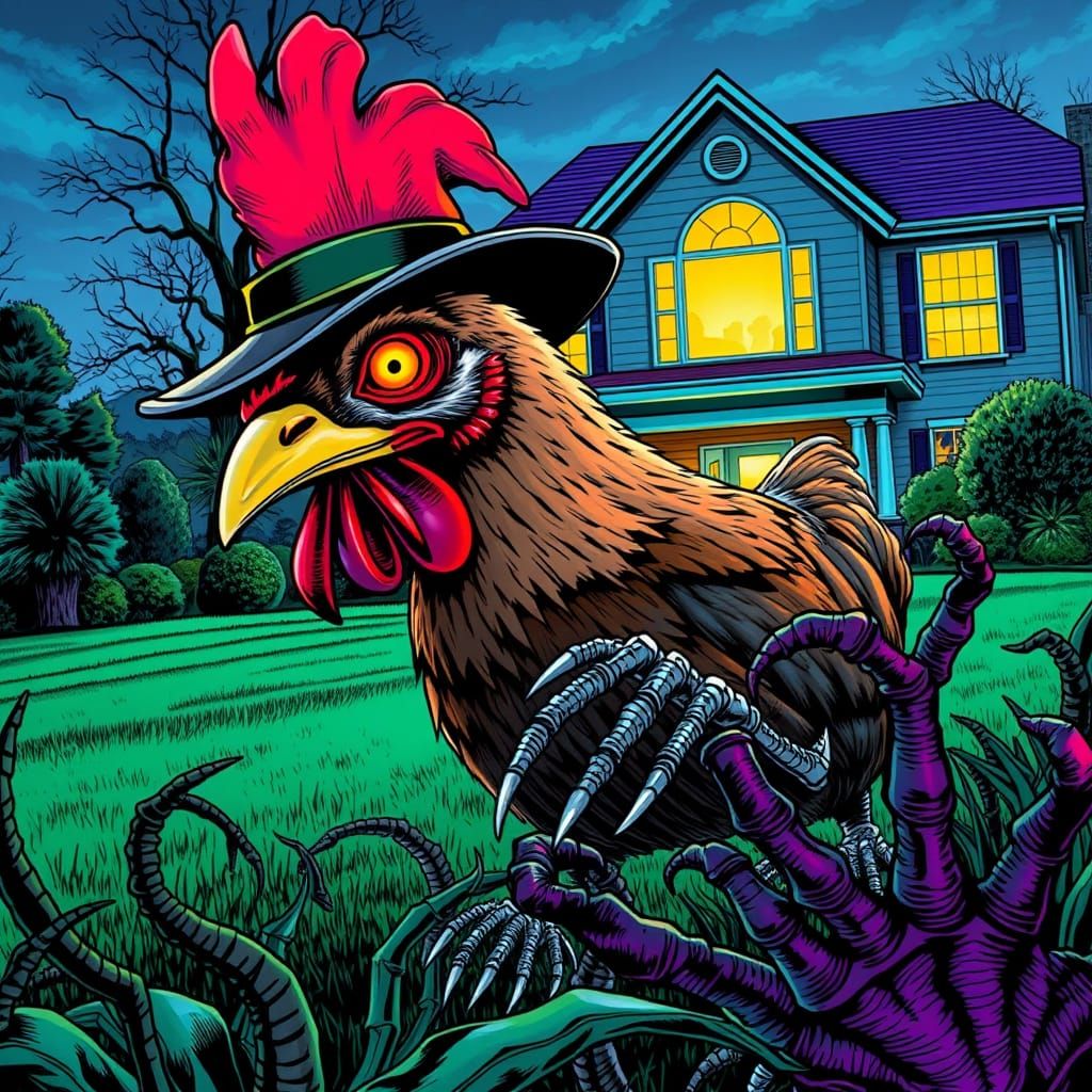 Grotesque Chicken Stalks through Shadows in Neon-Lit Horror ...