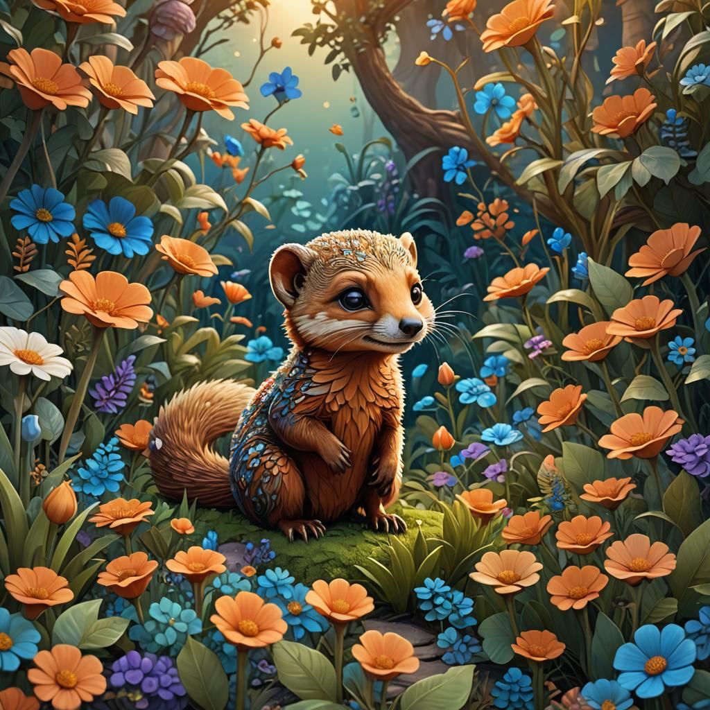 Chibi Mongoose in Whimsical Detailed Garden