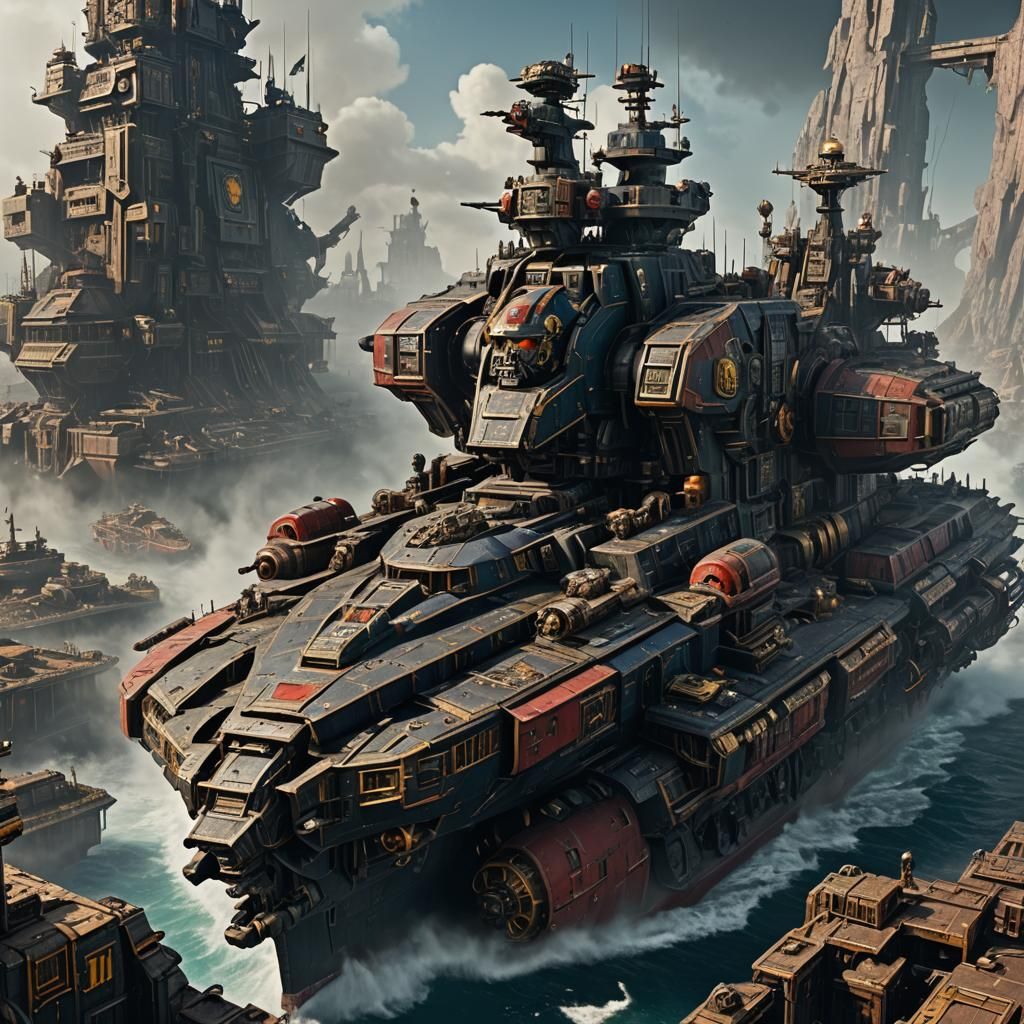 Colossal Warhammer 40K Ship: Detailed Matte Painting