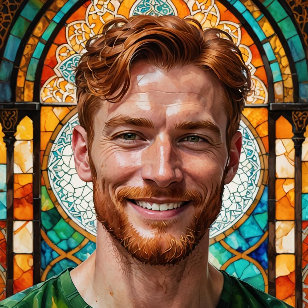Smiling Ginger Man in Mosque, Alcohol Ink Digital Art