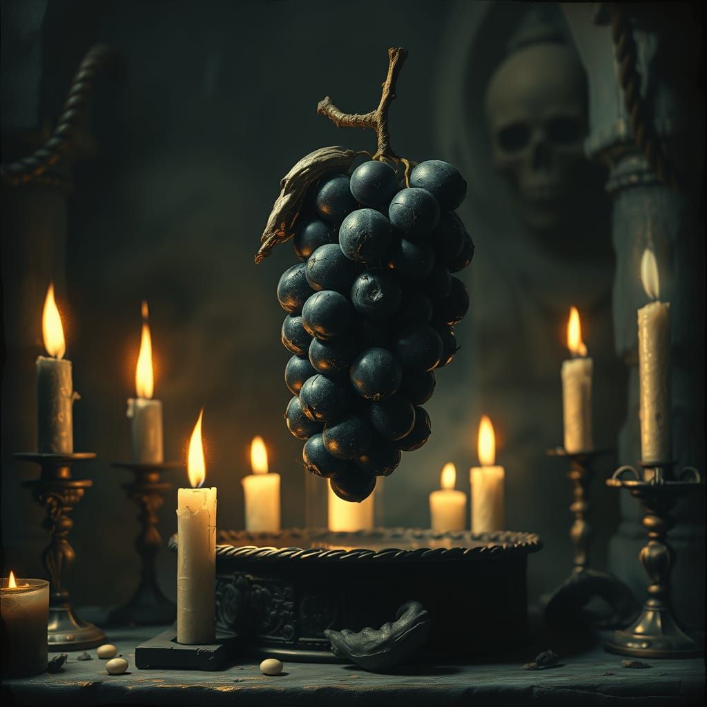 Dark Grape on Ancient Altar in Haunting Horror Scene