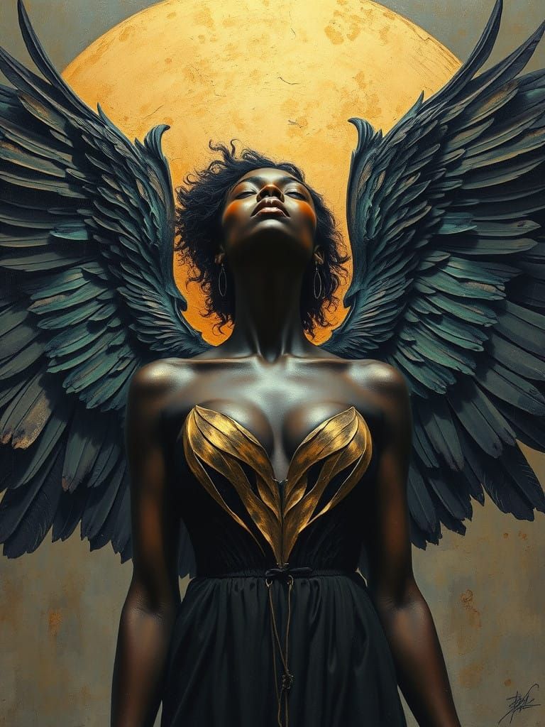 Majestic Black Angel in Verdigris Gold Elegance