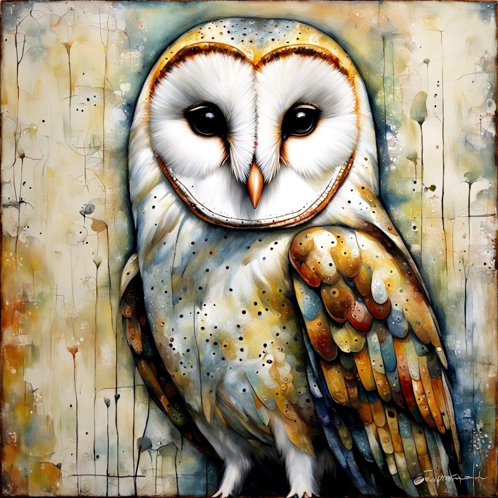 Airbrushed Barn Owl in Textured Primitive Naive Style