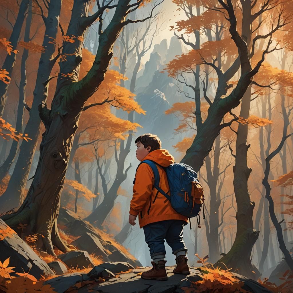 Fantasy Kid Lost in Autumn Mountains, Rutkowski Style