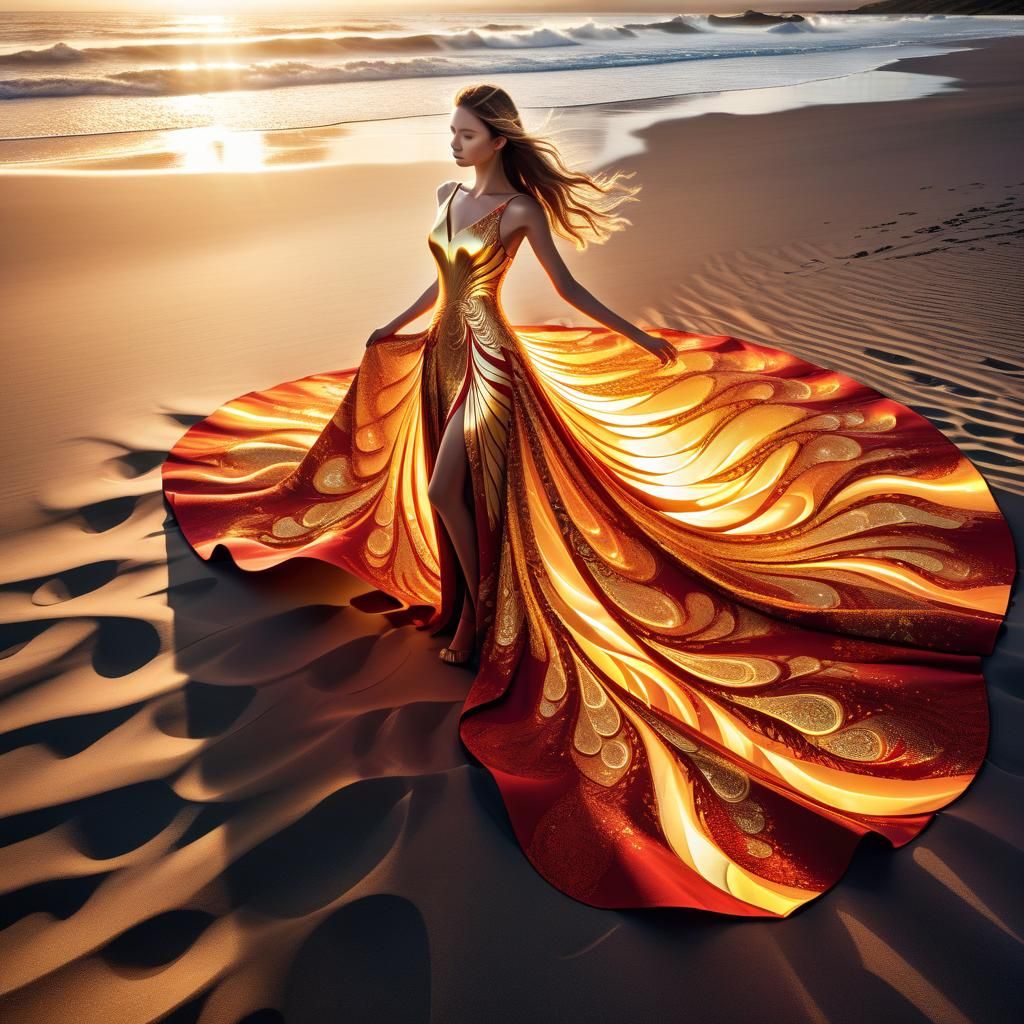 Golden Woman's Dress of Sunlight on Beach