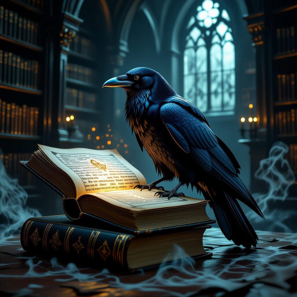 Majestic Raven on Ancient Book in Gothic Library