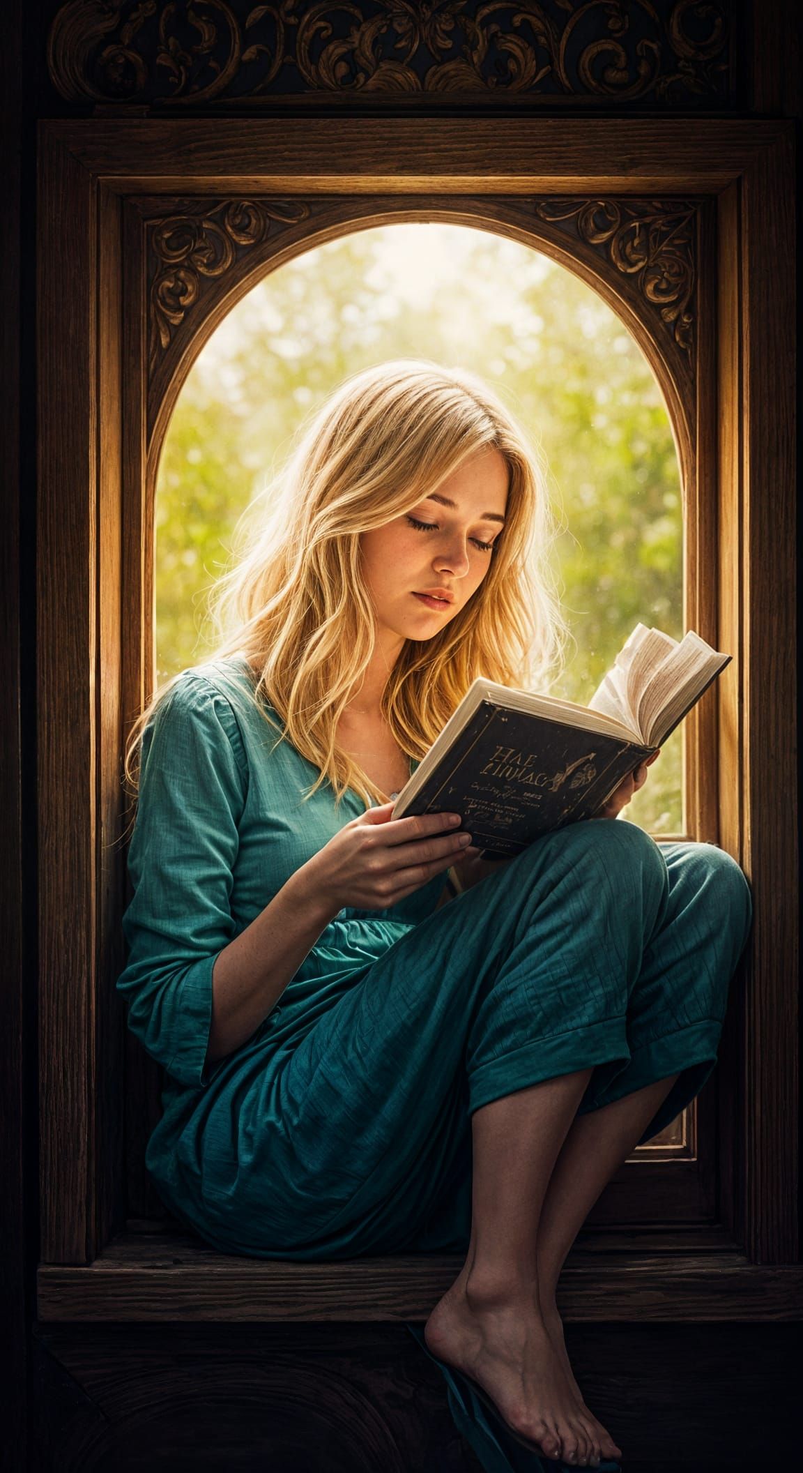 Whimsical Watercolor Woman in Book Nook