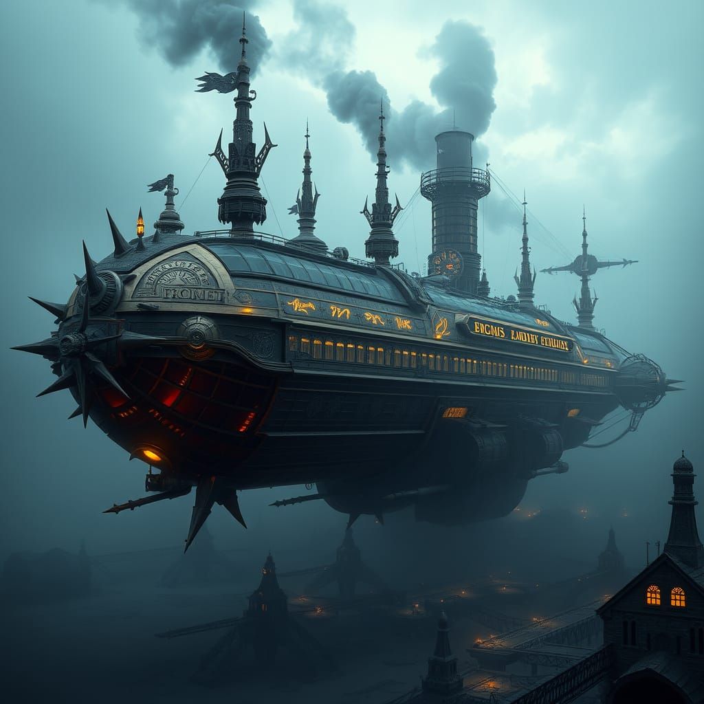 Steampunk Airship Over War-Torn Landscape