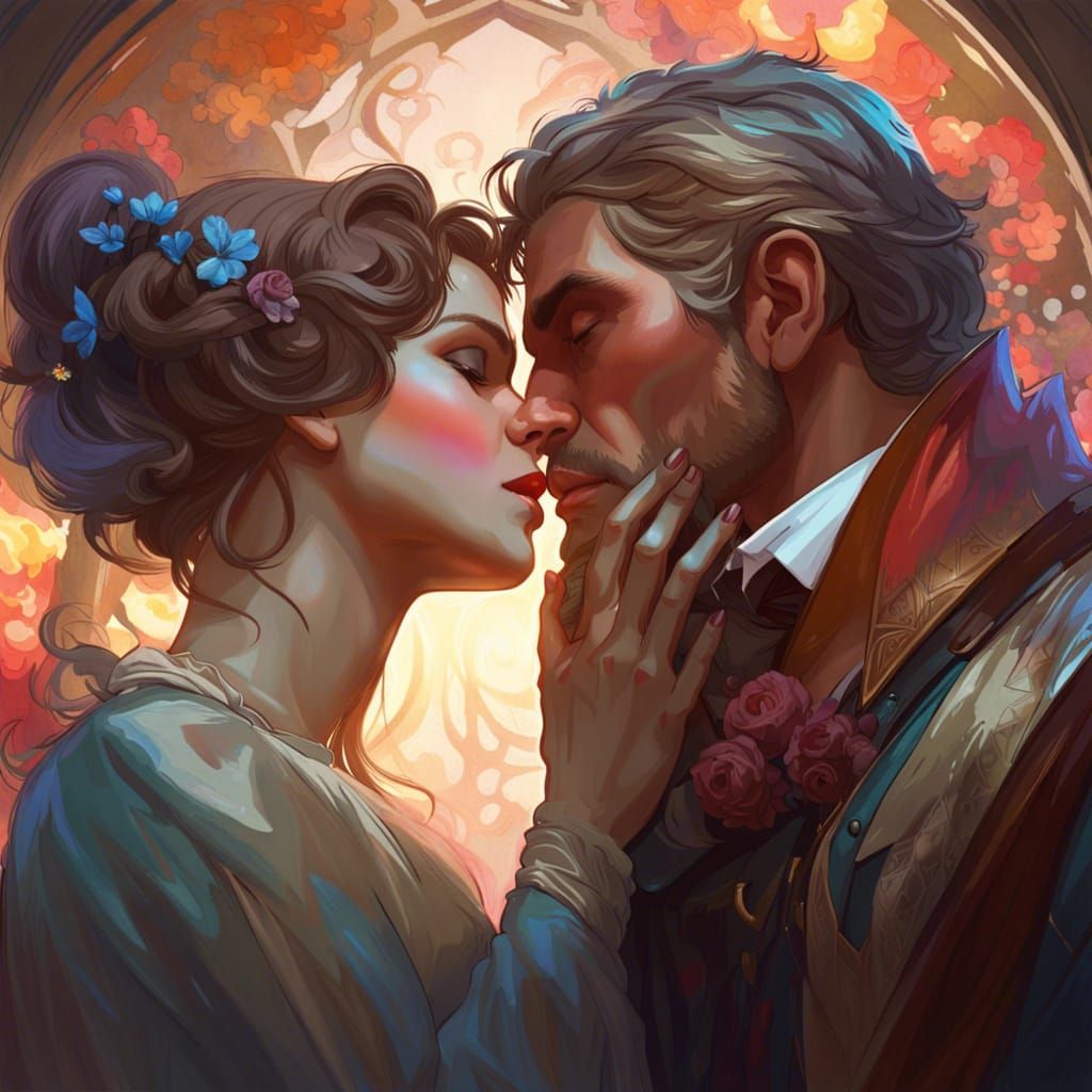 Romantic Kiss Portrait in Art Nouveau Style