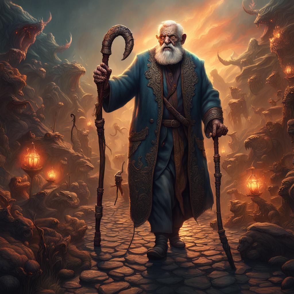 Old Man Battles Demons in Detailed Matte Painting