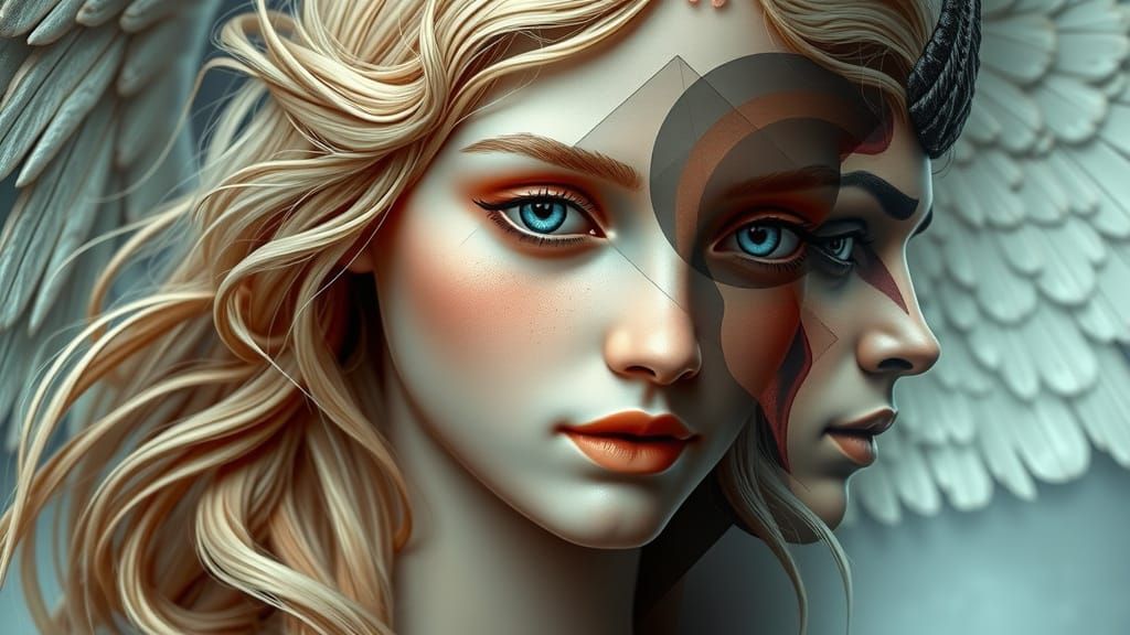 Angelic Face with Geometric Demon, Neo-Cubist Style