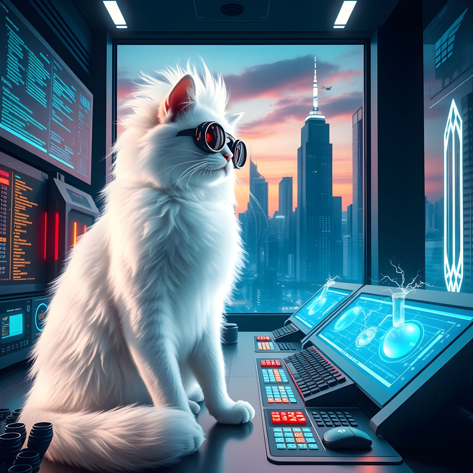 Futuristic Cat Conductor in High-Tech Lab