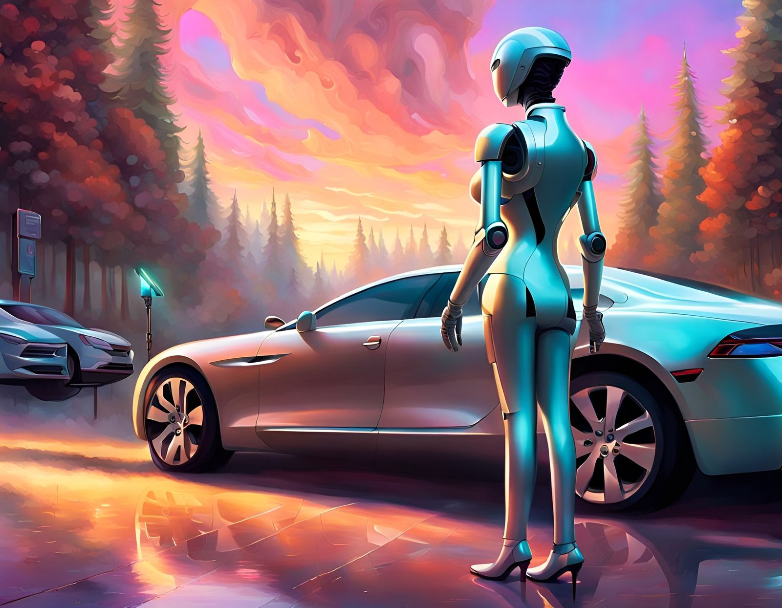 Futuristic Robot Car Service in Oil Painting Style