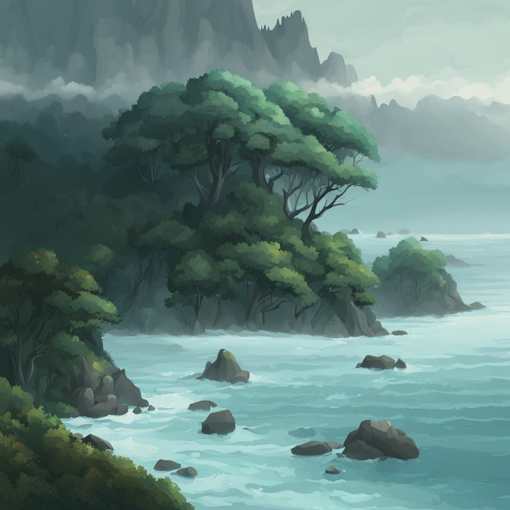 Enchanted Forest Meets Ocean Panorama Digital Painting