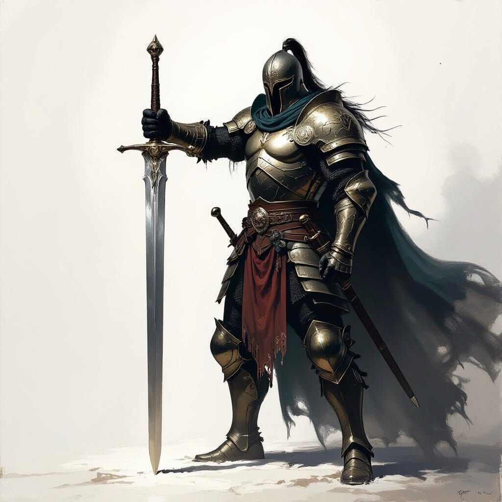 Fantasy Warrior in Battle Armour with Gleaming Sword