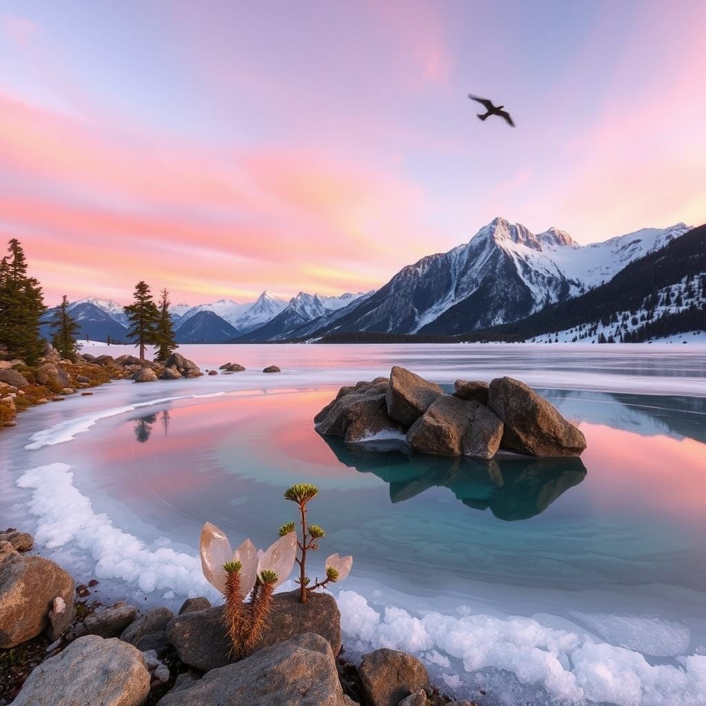 Frozen Pond in Nepalese Mountains Reflecting Sunset
