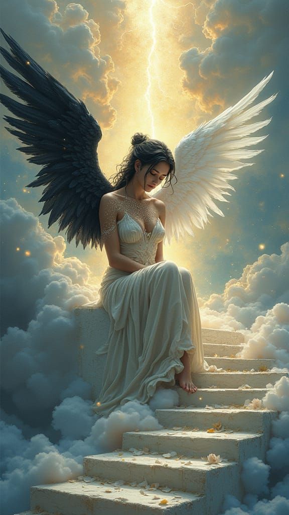 Fallen Angel Kneels on Celestial Stairway, One Black, One Wh...