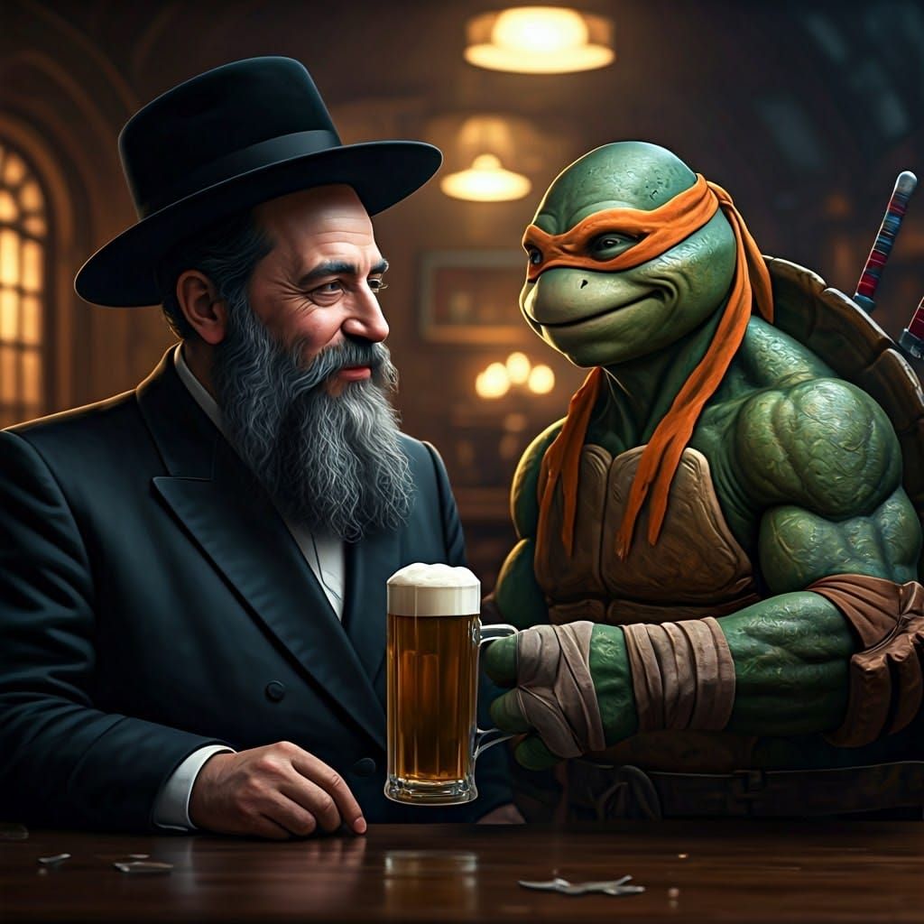 Rabbi and Ninja Turtle Share a Beer