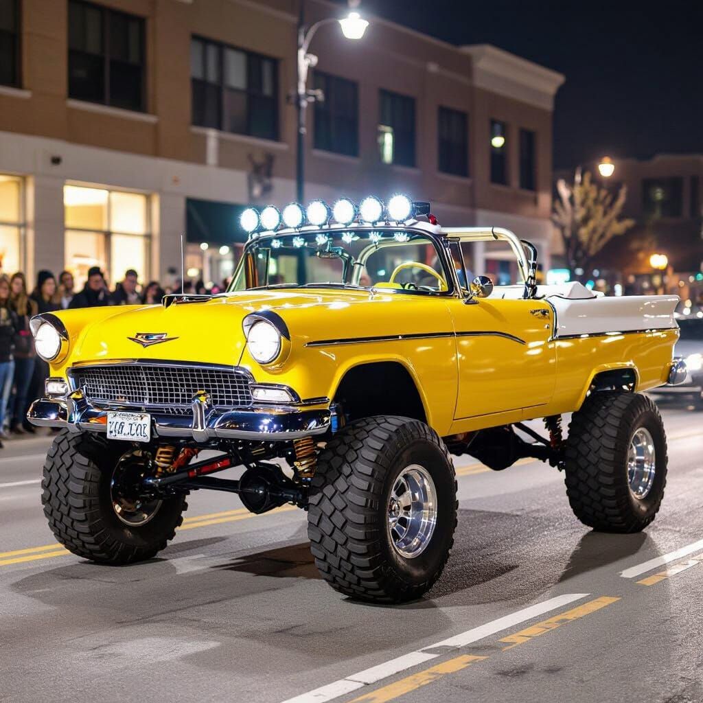 1959 Rambler Monster Truck Roars Down Night Boulevard
