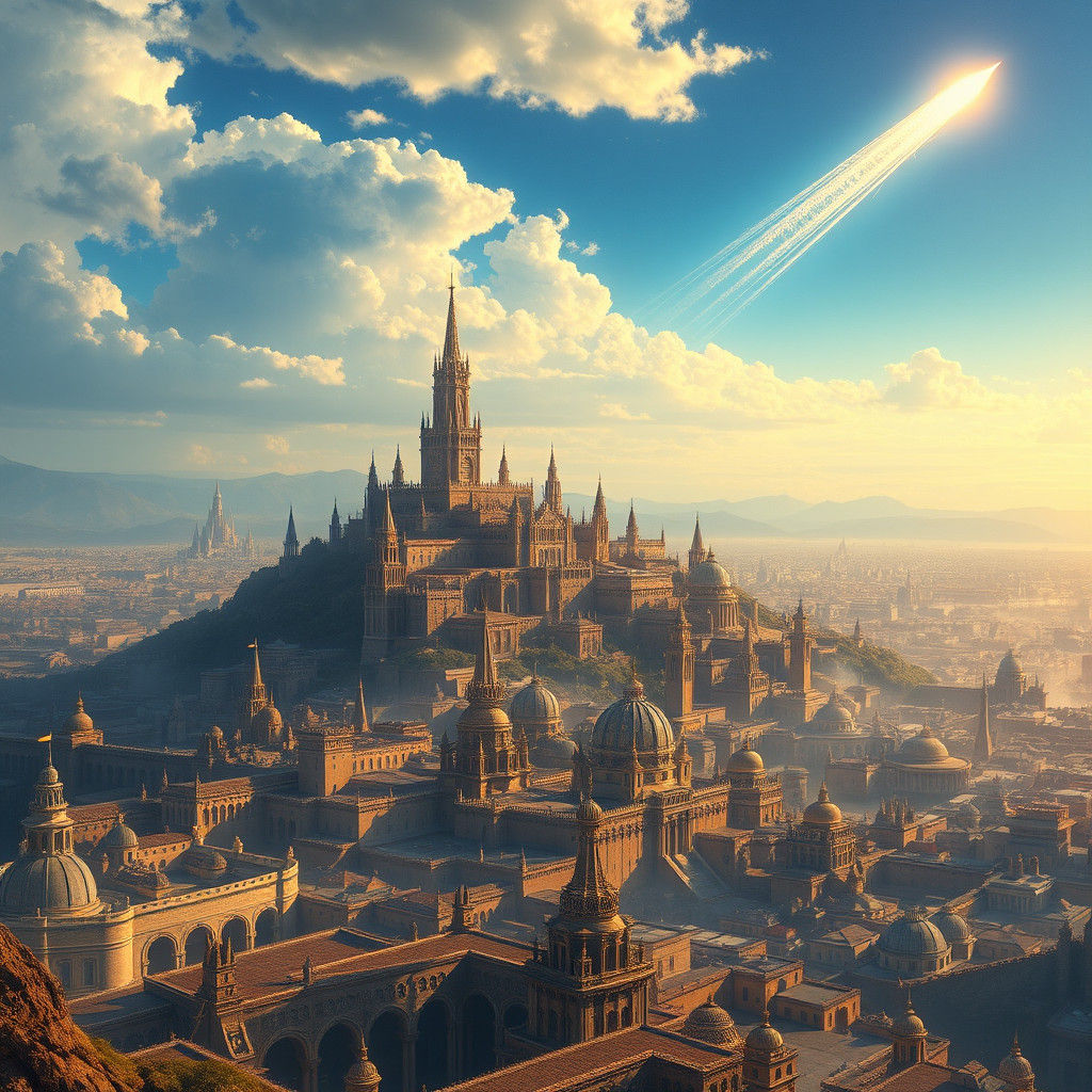 Majestic Fantasy City with Colossal Citadel and Comet