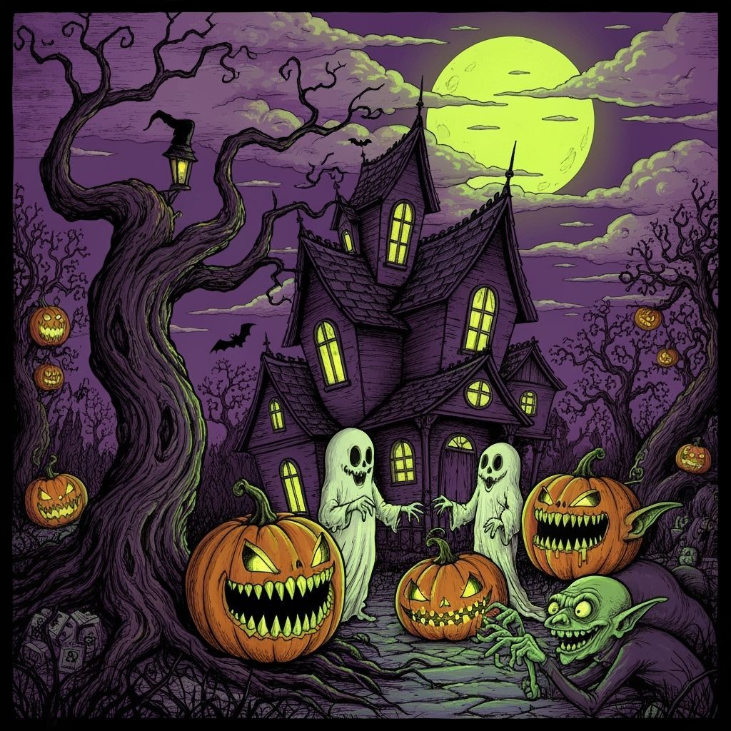 Dark Fantasy Halloween Night Haunted House Illustration