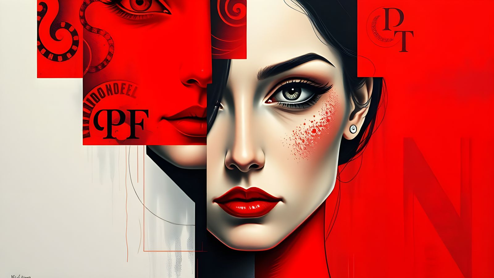 Red Cubist Portrait in Charcoal and Oil