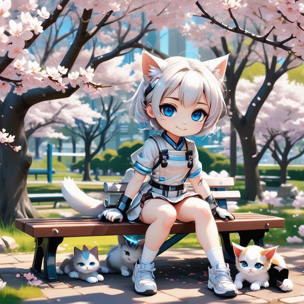 Chibi Girl and Kitten with Spring in Anime Style