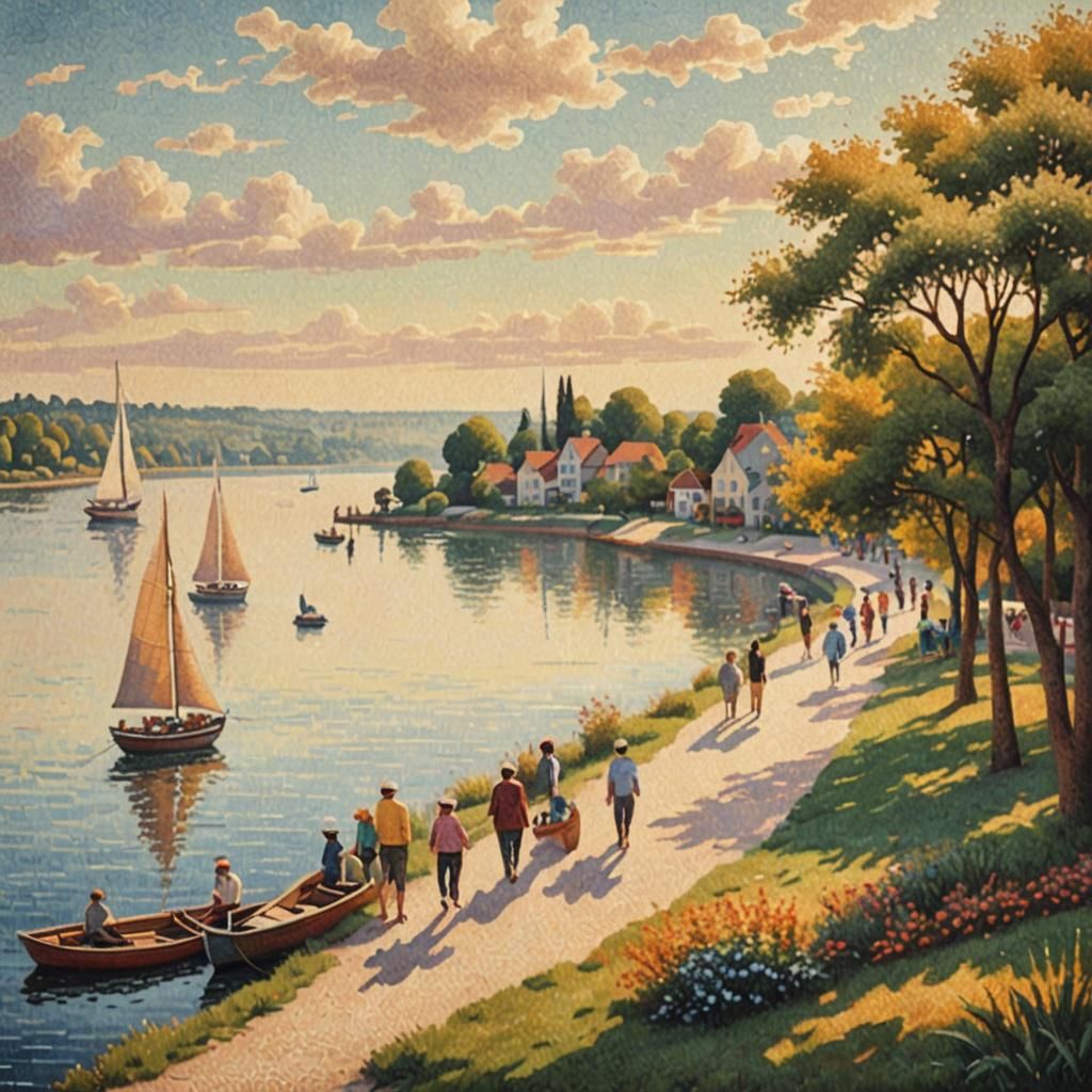 Pointillist Riverside Scene in Impressionist Style