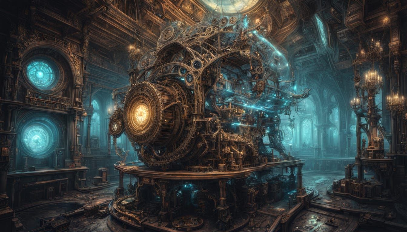 Steampunk Spaceship Library with Scholar, Digital Art