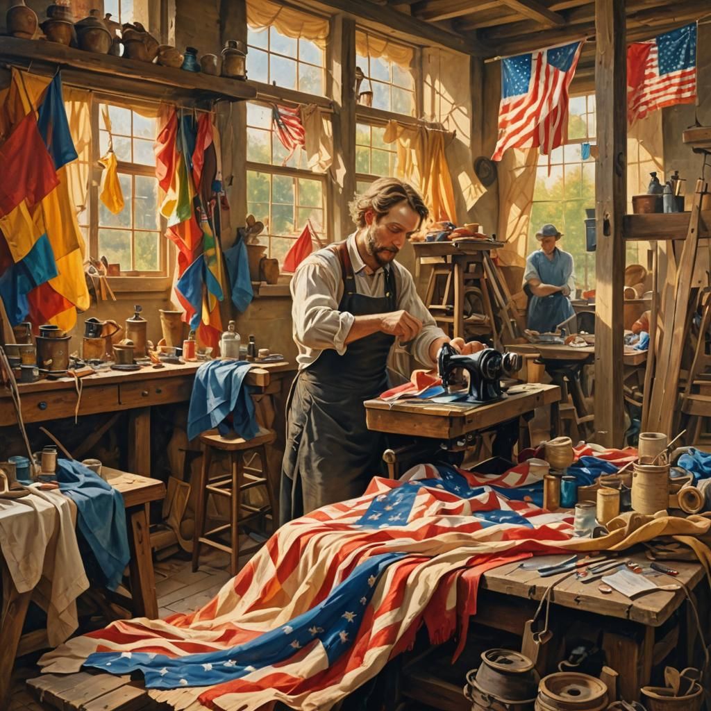 Karl Heinrich Ulrichs Sewing a Flag, Oil Painting