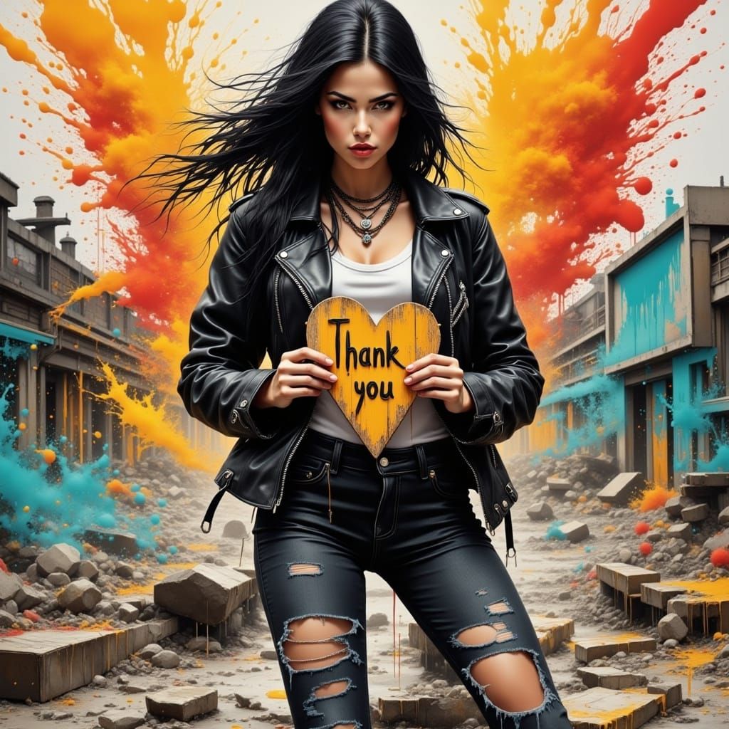 Determined Woman in Post-Apocalyptic City with Graffiti