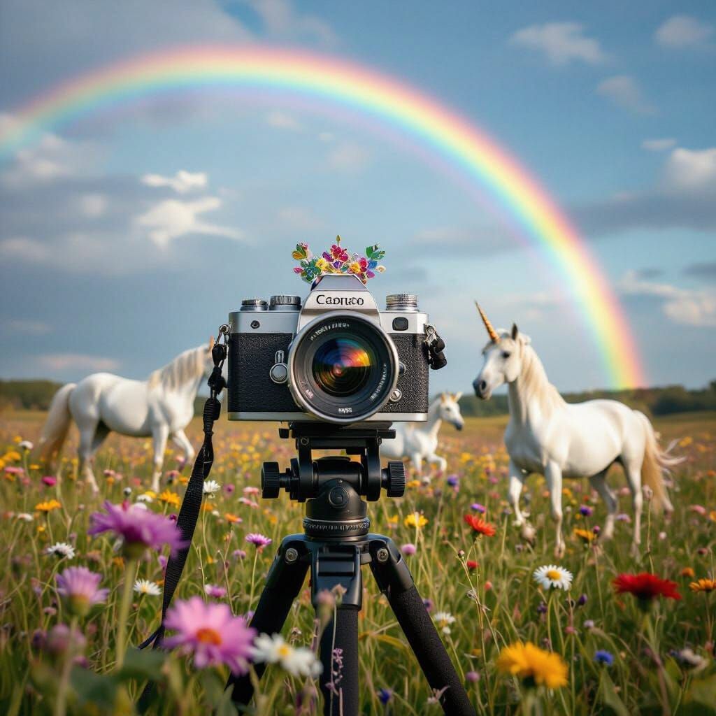 Camera Capturing Magical Rainbow and Unicorn Scene