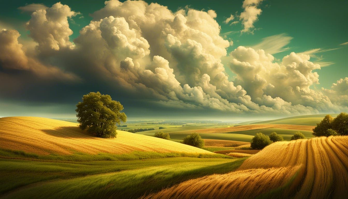 Wheat Fields and Cumulus Clouds in Matte Painting Style