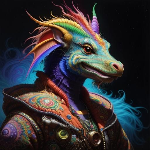 Psychedelic Dragon-Phoenix Dance in Cosmic Sky